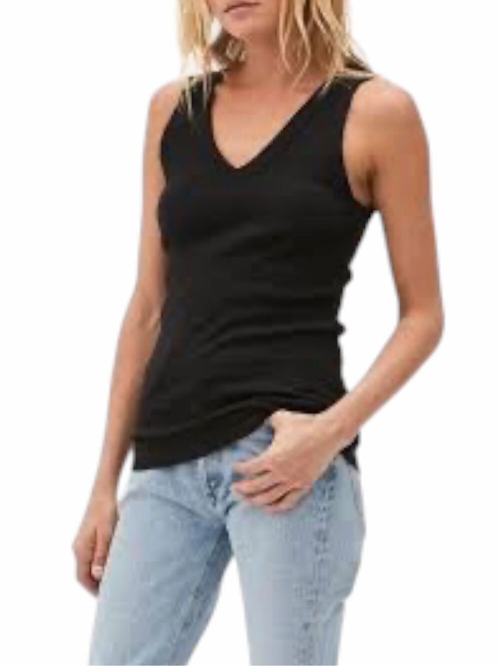 MICHAEL STARS Maya V-Neck Tank Top Black 100% Cotton Made USA XL